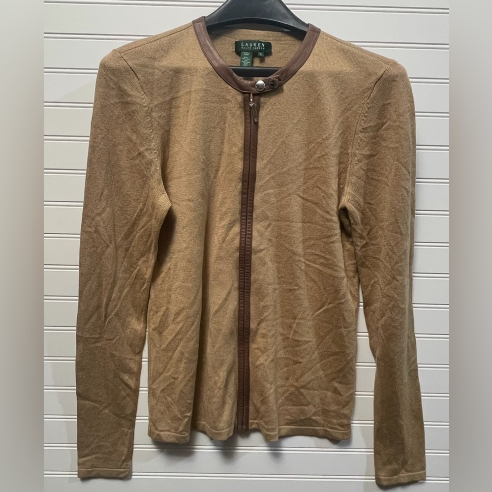 Lauren Ralph Lauren Women’s Cashmere Silk Leather Camel Zip Up Cardigan M
